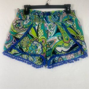 Trina Turk Colorful Paisley Shorts W/Blue Pom-Pom Trim Size XS